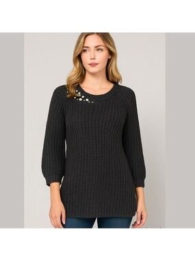AUGUST MOON - Black 3/4 Sleeve RHINESTONE Beaded Chunky Sweater Womens Medium M